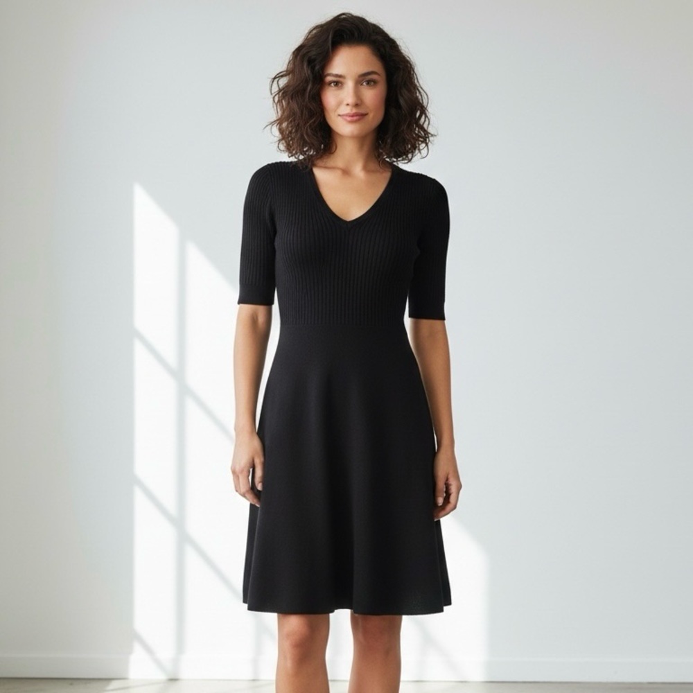 Theory Black Cashmere Mixed Rib V-Neck Flare Short Sleeve Midi Sweater Dress - Picture 1 of 9